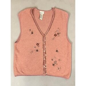 Vintage 90s Koret Beaded Floral Embroidered Sweater Vest Size M Pink